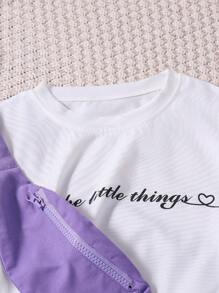 Tween Girls' Slogan And Heart Printed Round Neck Short Sleeve T-Shirt With Cargo Pants 2pcs/Set - Purple - View 4