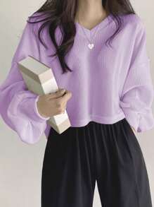 DAZY 女式 V 领落肩长袖 T 恤，秋季服装短款女式上衣