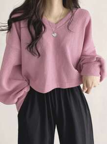 DAZY Women's Solid Color V-Neck Drop Shoulder Long Sleeved T-Shirt,Fall Clothes Preppy Tops Crop Women Tops - Pink - View 2