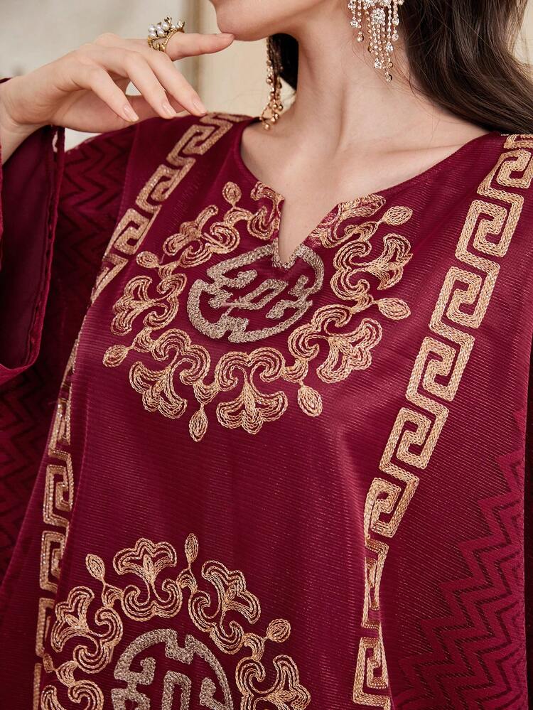 Burgundy Red Loose Fit Casual Long Shirt With Notched Collar And Printed Pattern Kaftan Jalabiya Dress