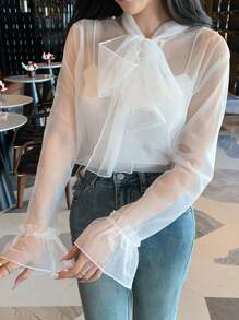 DAZY 女式荷叶边袖网眼雪纺衬衫外出上衣，荷叶边透视，返校服长袖上衣