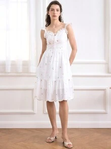 Simple Retro Women Ruffle Floral Embroidery Slip Midi Dress - White - View 1