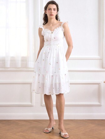 Simple Retro Women Ruffle Floral Embroidery Slip Midi Dress