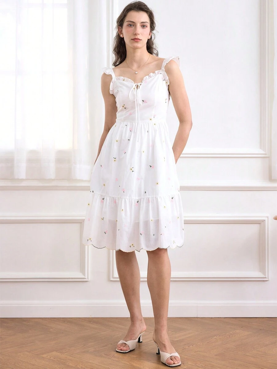 Simple Retro Women Ruffle Floral Embroidery Slip Midi Dress - White - View 1