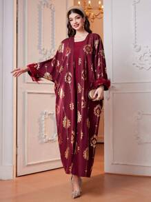 Al Najma Conjunto de 2 piezas de mujer en color rojo burdeos con cuello de piel, estampado dorado en las mangas y bajo la prenda