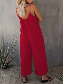 Plus Size Women's Solid Color Casual Cami Jumpsuit - Burgundy - View 2