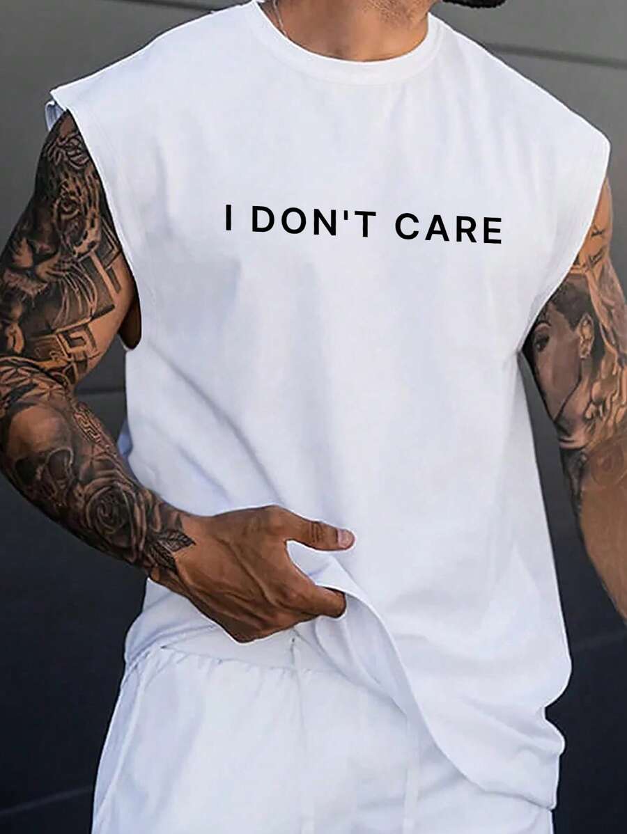 Manfinity EMRG 白色男士标语印花图案无袖背心，适合外出 - 白色 - 查看 1