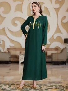 Al Najma Women's Hooded Arabic Style Dress With Rhinestone Decoration - Dark Green - View 6