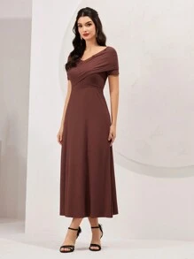 Modelyn Solid Colored Wrap Front Dress - Coffee Brown - View 6