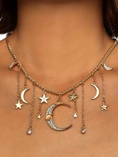 Hippie Böhmische Kristall Stern & Mond Anhänger Kette Für Frauen, Party Schmuck