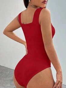 SHEIN EZwear 女士宽肩带修身连身衣 - 酒紅色 - 查看 2