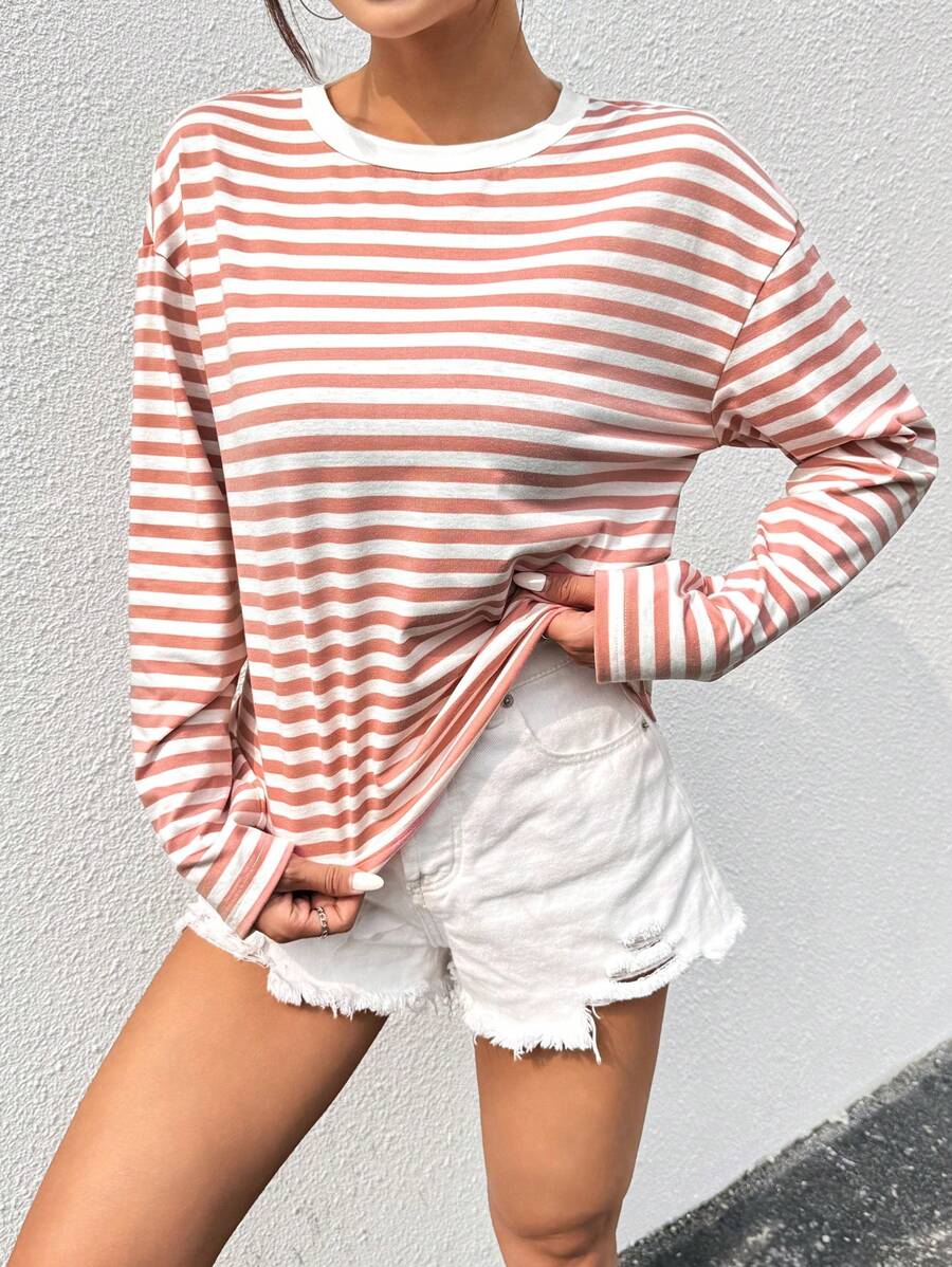 SHEIN EZwear Sọc Thả vai Đan Áo thun - Hồng - Xem 1