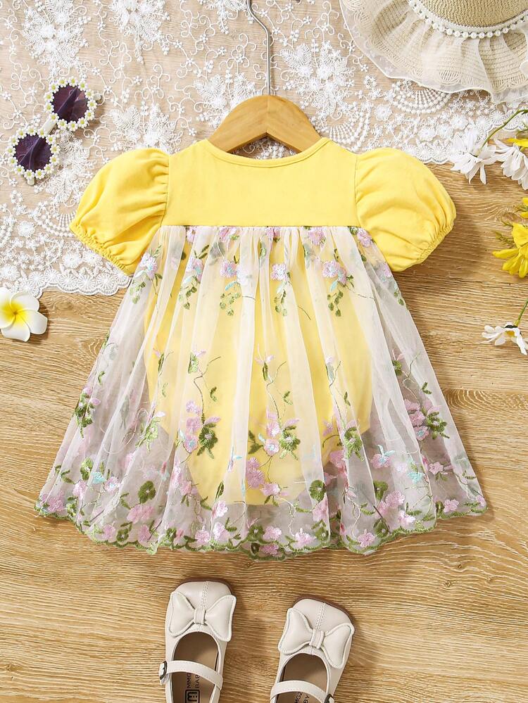 Baby Girl Cute Casual Knit Floral Embroidery Mesh Short Sleeve Bodysuit