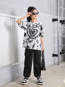 SHEIN Tween 女孩休閒運動圓領落肩心形圖案紮染短袖夏季 T 卹 - 黑色 - 查看 3