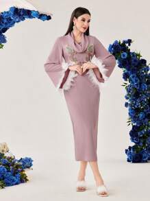 Modelyn 女式垂坠领羽毛拼布开衩连衣裙长款晚礼服 - 粉色 - 查看 3