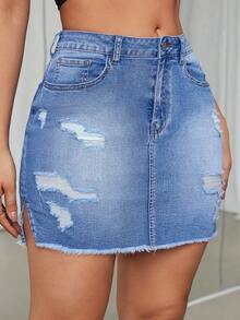 SHEIN EZwear 女士破洞高腰修身牛仔裙,前開叉設計 - 藍色 - 查看 5