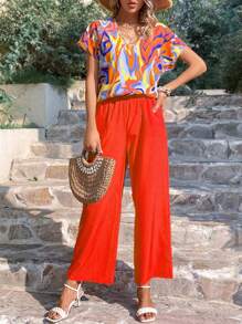 Breezaya Women's Batwing Sleeve Printed Top Two-Piece Set - Orange - View 3