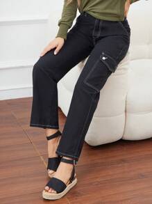 SHEIN LUNE 男士斜口袋工人牛仔褲 - 黑色 - 查看 3