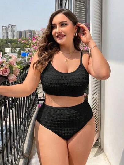 Swim Vcay Summer Beach Plus Size Solid High Waisted Bikini Set