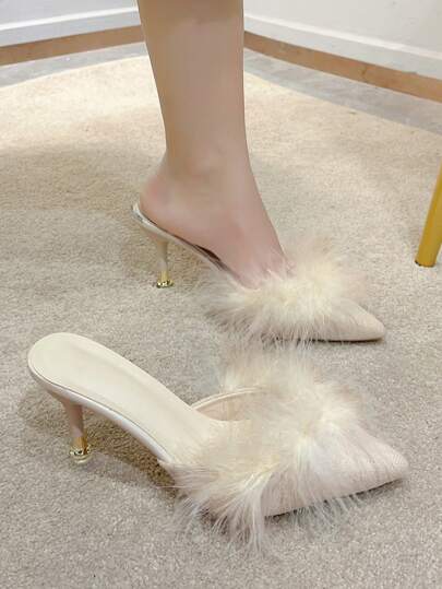 Women's High Heel Mules, Pointed Toe Fluffy Sweet Slip-On Sandals For Fall Winter White Dress Shoes,Sexy,Women Pumps