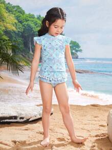 女童盖袖比基尼，热带花卉图案泳衣，春/夏 - 淺藍色 - 查看 4