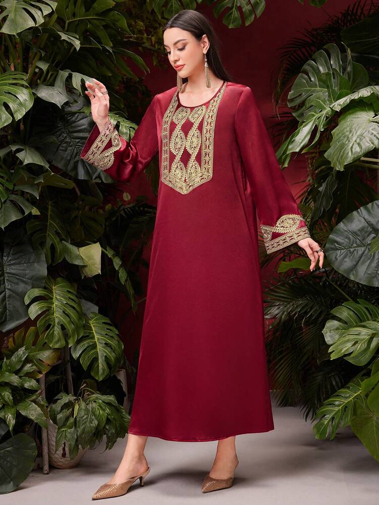 Burgundy Red Women's Gold Color Embroidered Woven Belt Arabic Style Dress