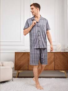 Men's Plaid Short Sleeve Pajama Set - Blue - View 6