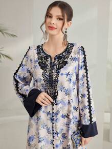 Al Najma Floral Print Notch V-Neckline A-Line Dress Kaftan Jalabiya Dress - Multicolor - View 6