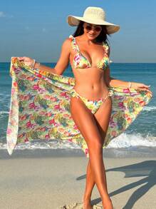 SHEIN Swim Women's Tropical Fruit Printed Ruffle Trim Bikini Set, Bikini Set Swimwear Bathing Suit Beach Outfit Summer Vacation Summer Beach