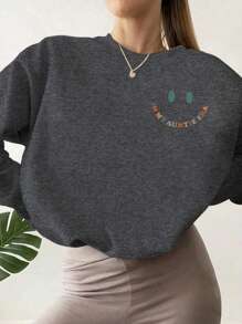 INAWLY Women's Colorful Letter Printed Drop Shoulder Sweatshirt IN MY AUNTIE ERA,Long Sleeve Tops Graduation,Back To School,Graduation,Teacher For Women,Back To School Pullover Fall Sweatshirt - Dark Grey - View 2