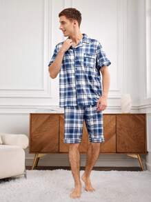 男士格子紋短袖家居服套裝 - 藍色 - 查看 3