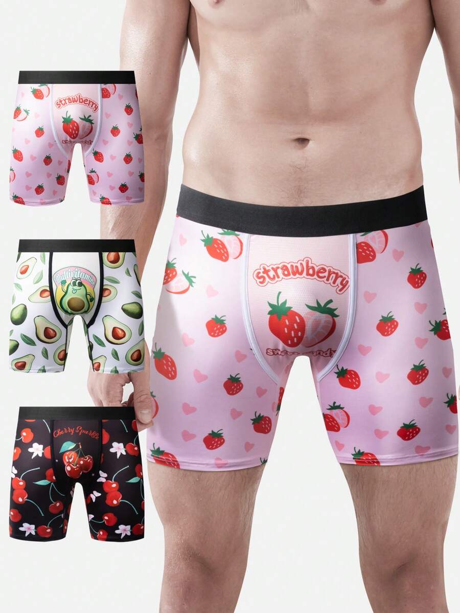 3pcs/Set Men's Fruit Printed Boxer Briefs - Multicolor - View 1