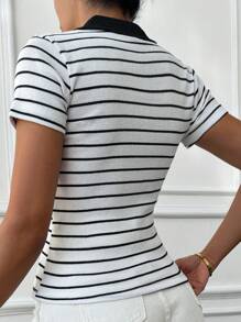 Cottnline Camiseta De Manga Corta A Rayas Con Cuello Tipo Polo Para Mujer, Estilo Universitario Informal, Material Elástico, A Granel - Blanco y Negro - Ver 3