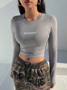 DAZY Letter Printed Long Sleeve Cropped T-Shirt - Grey - View 1