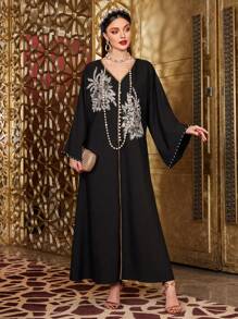 Layrah 女士 3d 花卉装饰长袖 Jalabiya 连衣裙，优雅奢华晚会风格 - 黑色 - 查看 1