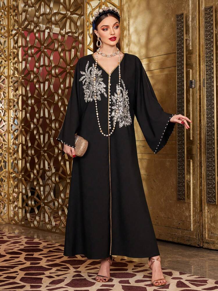 Women'S 3d Floral Embellished Long Sleeve Jalabiya Dress, Elegant Luxury Evening Party Style