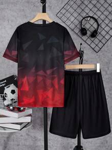SHEIN Tween Boys' Letter & Geometric Print Short Sleeve T-Shirt And Shorts Set - Multicolor - View 2