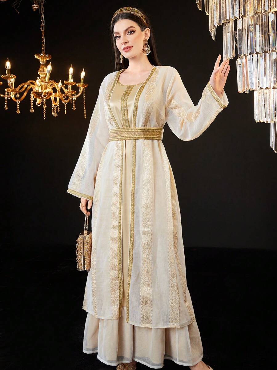 Al Najma Golden Tape Turkey Style Dress With Ruffle Hem And Sleeveless Design Kaftan Jalabiya Dress - Apricot - View 1