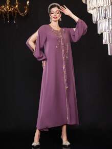 Al Najma Colorblock Border Cutout Lantern Sleeve Dress - Maroon - View 7