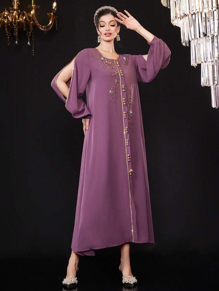 Colorblock Border Cutout Lantern Sleeve Dress