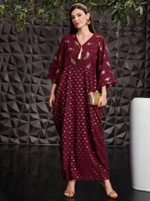 Al Najma Geo Print Burgundy Red Elegant Women's Kaftan Dress