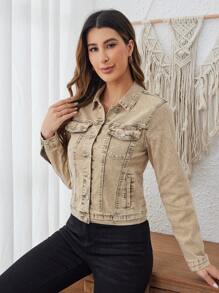 SHEIN LUNE Women's Khaki Denim Jacket - Khaki - View 5