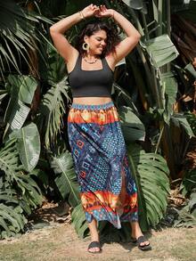 SHEIN LUNE Kích thước lớn Của phụ nữ Hình học In Bên Khe Viền không đối xứng Váy - Nhiều màu - Xem 5