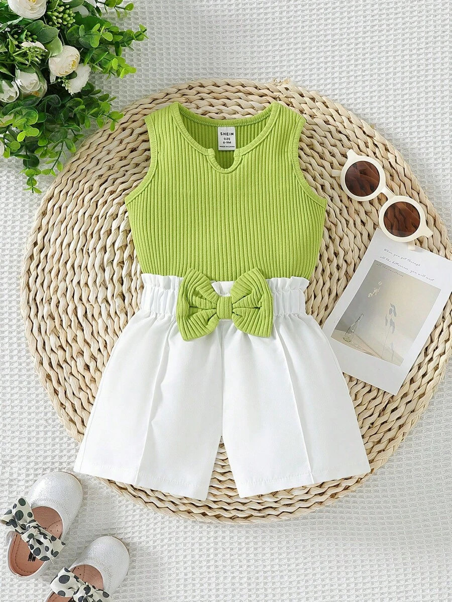 SHEIN Baby Girl Splicing Halter Top With Bowknot Shorts Set - Multicolor - View 1
