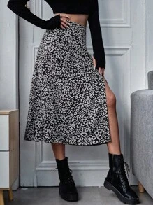 Leopard Print Split Thigh Skirt - Black and White - View 5