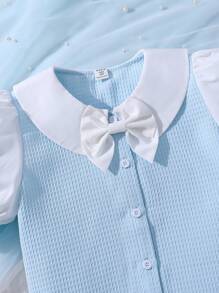 SHEIN Tween Girls' Peter Pan Collar Button Up Top With Bow And Skirt Set - Pink - View 7