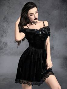Gothic Mini Velvet Dress With Contrast Lace, Scallop Trim, Ruched Bust And Arm Sleeves - Black - View 4