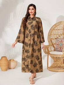 Al Najma 女款長袖印花翻領全長阿拉伯風格連衣裙 - 駝色 - 查看 4