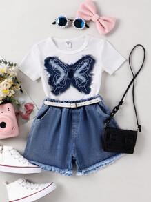 SHEIN 少女春秋時尚、可愛、甜美、活潑、簡潔風格,流行的蝴蝶拼接短袖t恤和短褲2件套裝 - 白色 - 查看 7