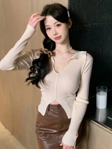 DAZY 女式纯色针织开叉毛衣，罗纹设计，秋季服装 - 杏色 - 查看 4